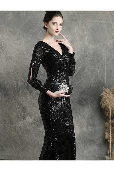 MODAS Long Sleeve Crowace Collar Pul Payet Evening Dress