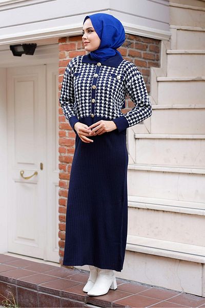 Bestenur Σετ πλεκτό Navy Blue Gel - Φόρεμα και ζακέτα 1220