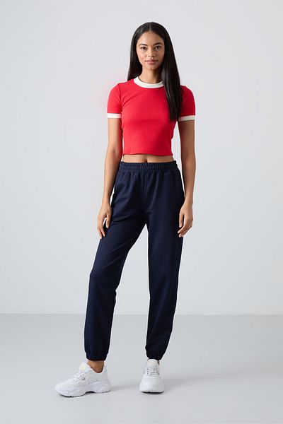 TOMMY LIFE Pantaloni de trening pentru femei, cu buzunare indigo, talie înaltă, formă confortabilă, picior din cauciuc - 94583