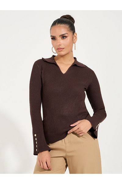 Styli Regular Fit Ribbed Knit Sweater with Button Cuff Detail