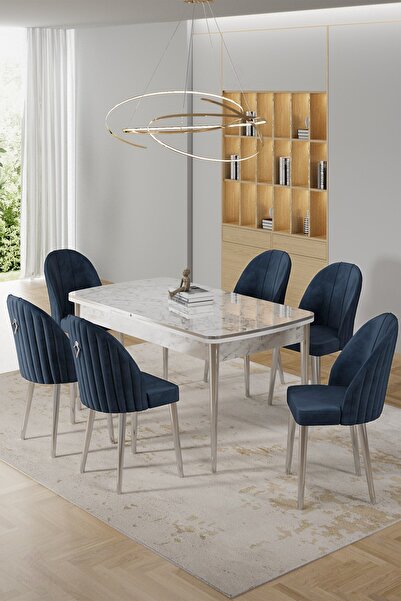 Canisa Rada Serisi 80x132 Açılabilir Lak Panel Beyaz Mermer Desen Masa 6 Antrasit Sandalye Krom Detay