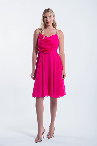Lafaba Fuchsia Stoned Midi Women's Evening Dress - Strappy