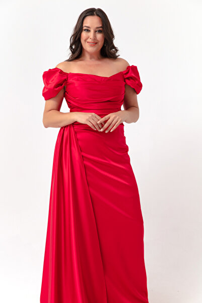 Lafaba Women's Red Boat Neck Trained Long Satin Evening Dress & Graduation Dress