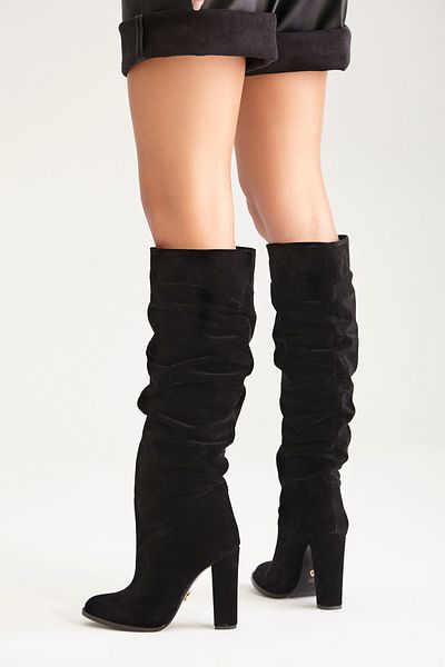 AYAKKABI PRENSİ Belower Bellows Black Suede 10 cm Γυναικείες Μπότες, Μπότες με τακούνι