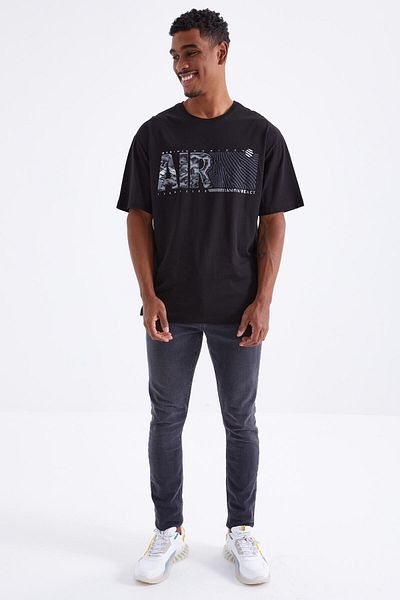 TOMMY LIFE Ανδρικό μπλουζάκι Oversize Black Air Printed O Neck - 88097