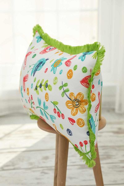 Aisha's Design Yellow Blue Bird Patterned Children's Throw Pillow Cover with Fringed Edges 50X30 Cm,K-405