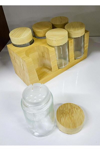 By Hanedan 6-Piece Glass Spice Rack with Bamboo Lid Stand Countertop