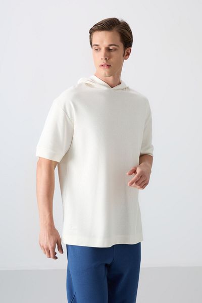 TOMMY LIFE Ecru Cotton Thick Surface Textured Oversize Fit Basic Men's T-Shirt - 88335