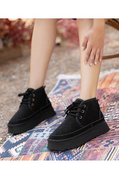 Feyz istanbul Uga Model - Women's Black Suede Shearling Thick Sole Women's Boots