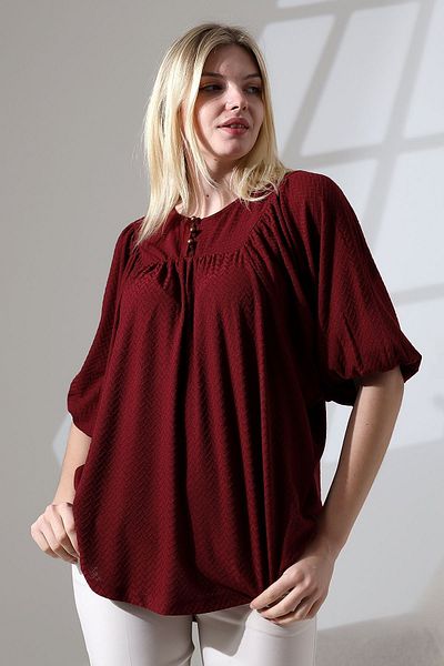 Şiir Artigas Plus Size Jacquard Knitted Blouse - Balloon Three-Quarter Sleeve, Gathered from the Robe, Button Detailed Oval Skirt