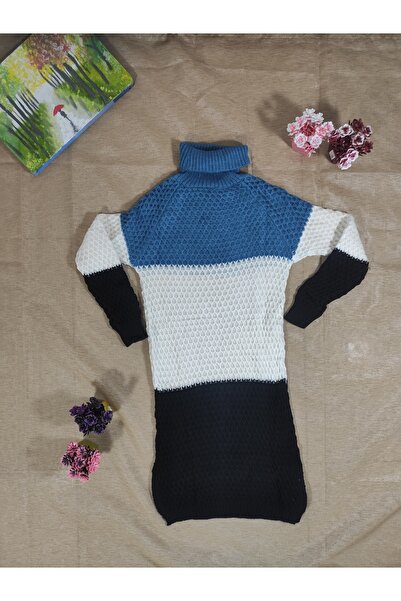 Sublime Butik Kadın Mavi Beyaz Siyah Boğazlı Triko Kazak