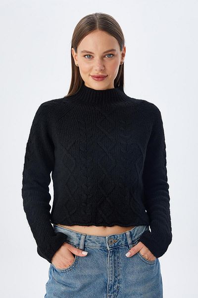 Mixray 6855 Model Hair Braided Black Knitwear Women's Sweater - Stand Collar