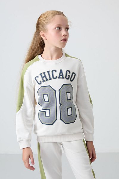 TOMMY LIFE Ecru Cotton Girl's Tracksuit Set - Soft Textured, Furry, Printed - 75170