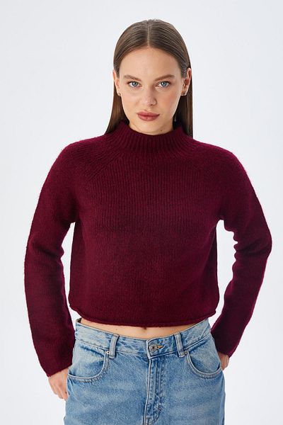 Mixray 6854 Pulover Crop Tricot de damă Roșu Claret - Guler Stand