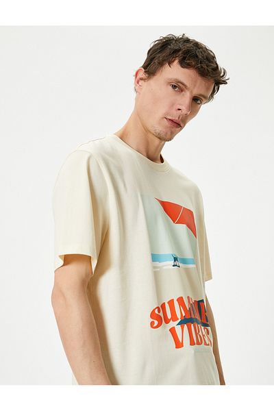 Koton Σλόγκαν εμπριμέ T-Shirt με λαιμόκοψη κοντό μανίκι βαμβακερό
