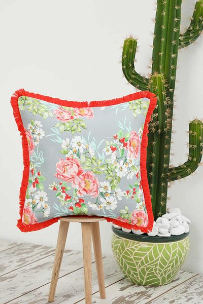 Aisha's Design غطاء وسادة رمادي مزخرف بنقشة الفاوانيا - 45x45 سم، k-407
