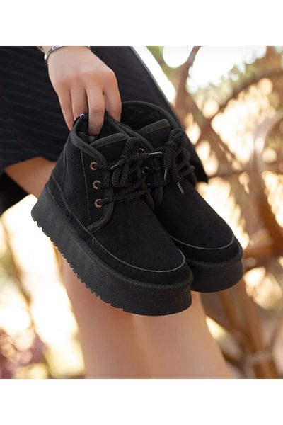 Feyz istanbul Uga Model - Women's Black Suede Shearling Thick Sole Women's Boots