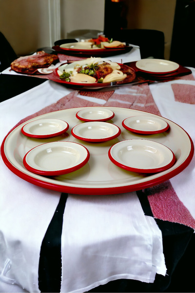 İnci Emaye 7 Piece Large Size Enamel Breakfast Set - Presentation, Breakfast Plate, Jam, Olive, Cheese Plate