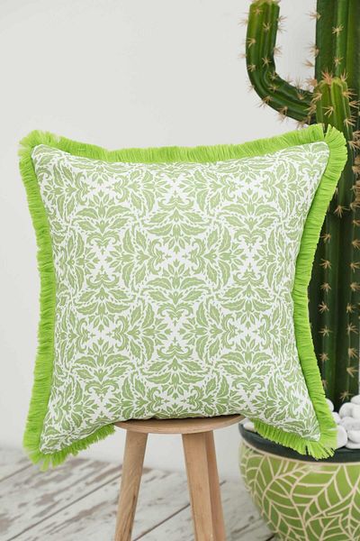 Aisha's Design Pistachio Green Motif Patterned Throw Pillow Cover - Fringed Edge, 45X45 Cm, K-407