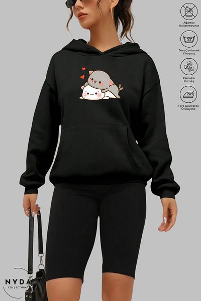 Nyda Collections Hanorac cu mânecă lungă imprimat cu glugă unisex - bumbac supradimensionat