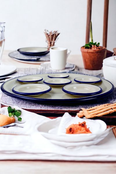 İnci Emaye 7 Piece Large Size Enamel Breakfast Set - Presentation, Breakfast Plate, Jam, Olive, Cheese Plate