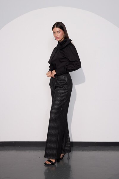 NOK İSTANBUL City Glam Bel Detaylı Sim Çizgili Kumaş Pantolon SİYAH-GÜMÜŞ