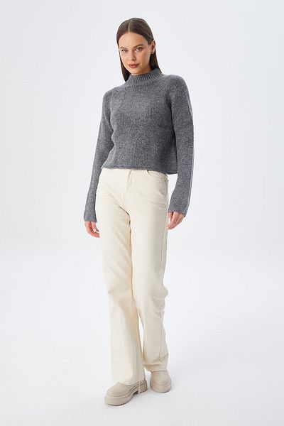 Mixray 6854 Anthracite Crop Knitwear Women's Sweater - Stand Collar