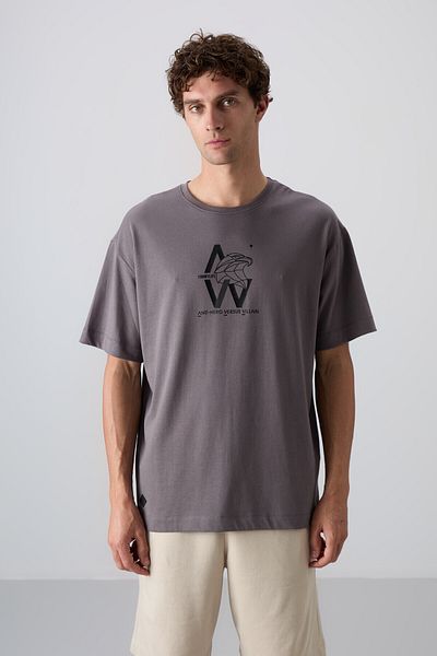 TOMMY LIFE Dark Gray Cotton Thick Soft Textured Oversize Fit Printed Men's T-Shirt - 88332