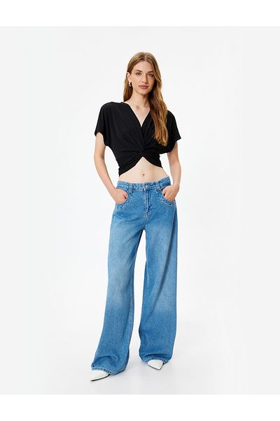 Koton Kurze Bluse mit V-Ausschnitt, Knotendetail, kurze Fledermausärmel
