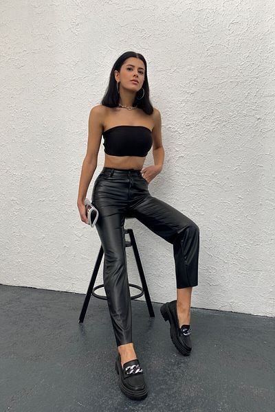 Veryperi Black Standard Fit Leather Women's Trousers - 02060