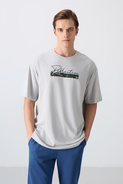 TOMMY LIFE Ανδρικό μπλουζάκι με στάμπα από πέτρινη βαμβακερή χοντρή μαλακή υφή - 88334