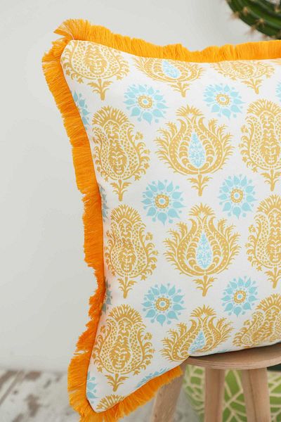 Aisha's Design Yellow Damask Patterned Throw Pillow Cover with Fringed Edges 45X45 Cm,K-407