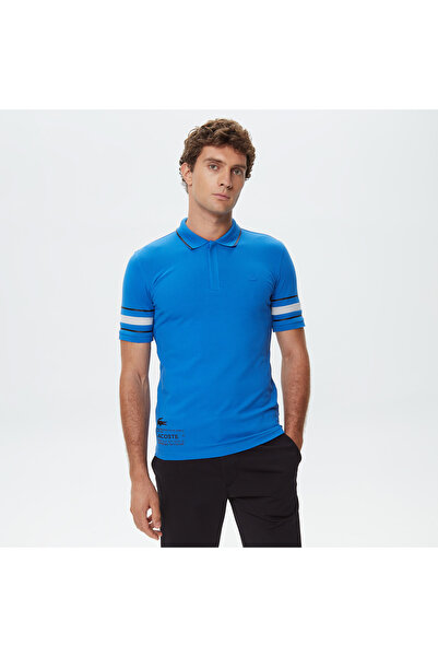 Lacoste قميص بولو أزرق مطبوع بقصة ضيقة للرجال من Active