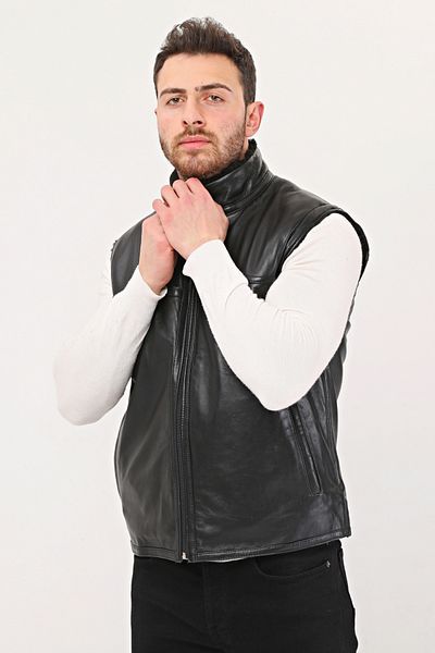 NYC GİYİM TEKSTİL Genuine Leather Fur Dominant Collar and Fur Inside Vest