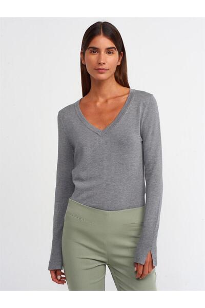 Dilvin 10427 DİLVİN KAZAK V YAKA KOLU YIRTMAÇLI