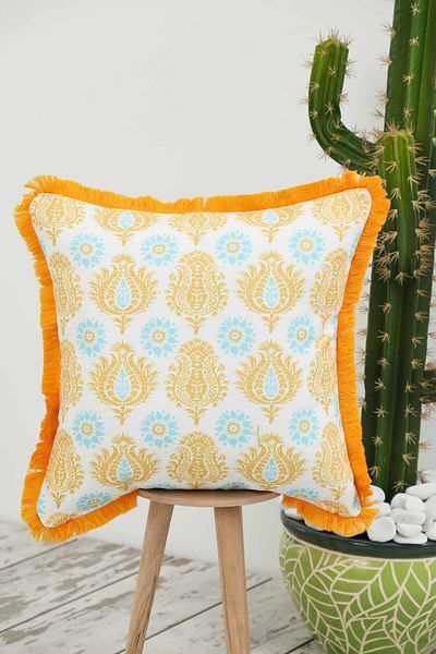 Aisha's Design Yellow Damask Patterned Throw Pillow Cover with Fringed Edges 45X45 Cm,K-407