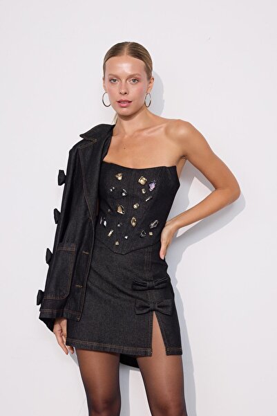 NOK İSTANBUL Chic Bow Fiyonklu Mini Denim Etek BLACK