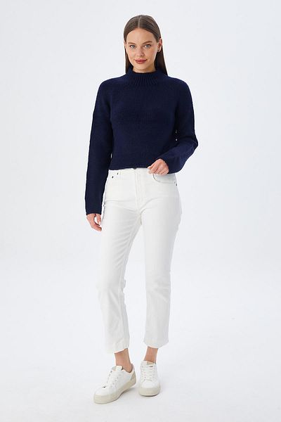 Mixray 6854 Women's Stand Collar Whole Crop Knitwear Sweater Navy Blue