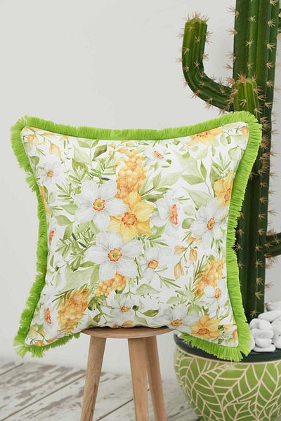 Aisha's Design Yellow Flower Patterned Fringed Throw Pillow - 45X45 Cm, K-407