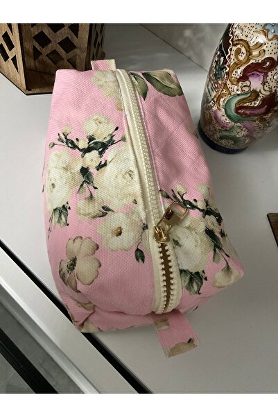 MADE BY PERİ Pink Floral Non-Wrinkle, Stain-Resistant, Washable Makeup Bag/Pen Holder.