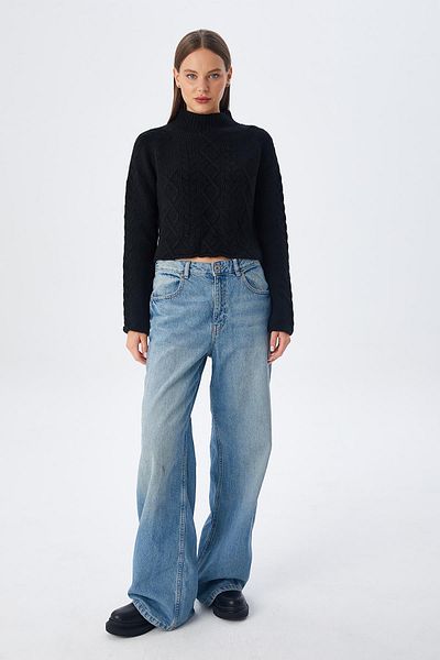 Mixray 6855 Model Hair Braided Black Knitwear Women's Sweater - Stand Collar