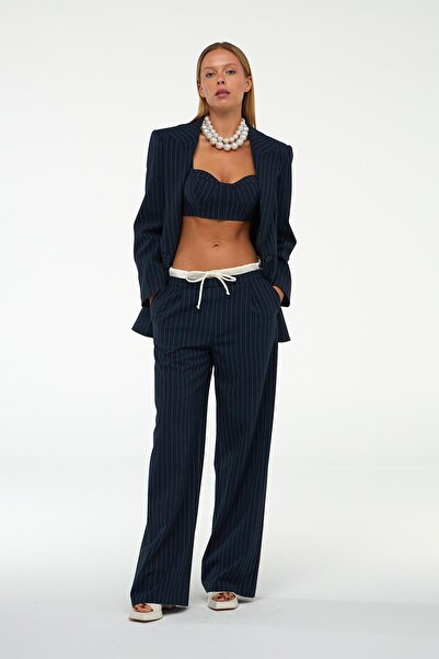 NOK İSTANBUL City Vibes Bel Detaylı Çizgili Kumaş Pantolon Lacivert