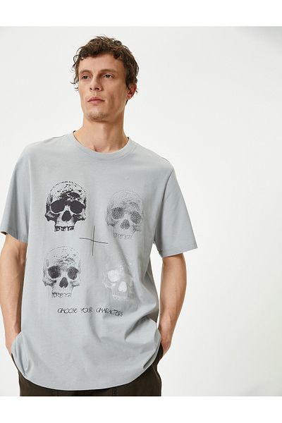 Koton Skull Print T-Shirt Crew Neck Slogan Short Sleeve