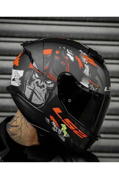LS2 STREAM 2 ANGRY MONKEY MAT SİYAH-KIRMIZI KAPALI KASK(SİYAH+ŞEFFAF CAM)