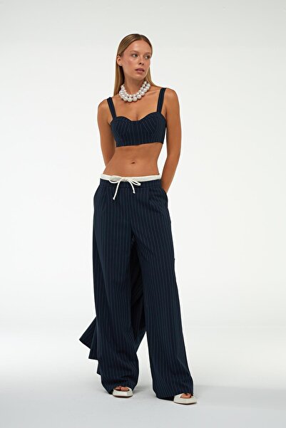 NOK İSTANBUL City Vibes Bel Detaylı Çizgili Kumaş Pantolon Lacivert