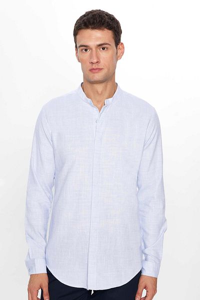 Tudors Men's Blue Prevailing Collar Slim Fit Shirt - Long Sleeve, 100% Cotton, Linen Texture, Dobby