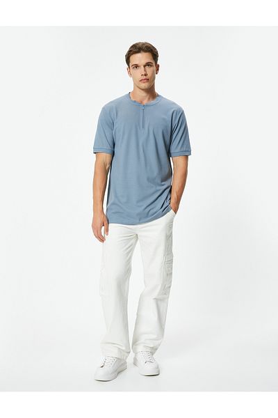 Koton T-Shirt με γιακά που επικρατεί σε λεπτή εφαρμογή - Μισό φερμουάρ, κοντό μανίκι