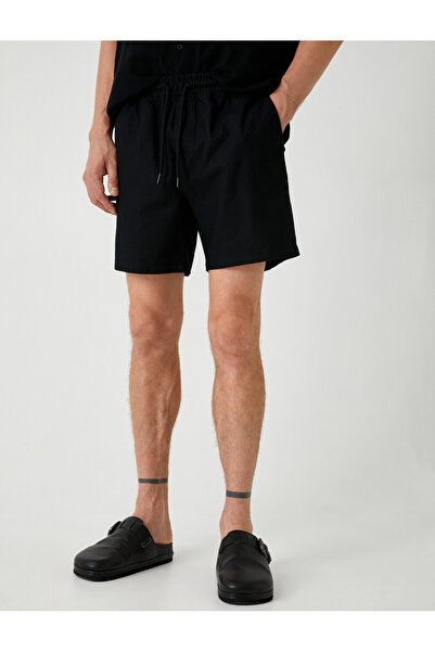 Koton Bermuda rövidnadrág pamut lenvászon kevert derék, fűzős zseb részletekkel