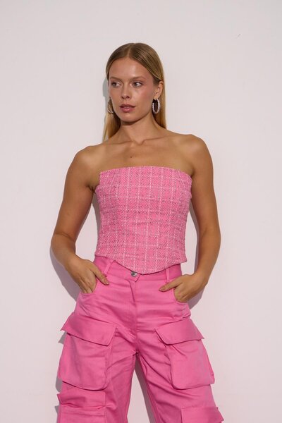 NOK İSTANBUL Tweed Royale Corset Sim Detaylı Korse Büstiyer Pembe