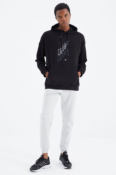 TOMMY LIFE Black Hooded Men's Sweatshirt with Print Detail - 88285